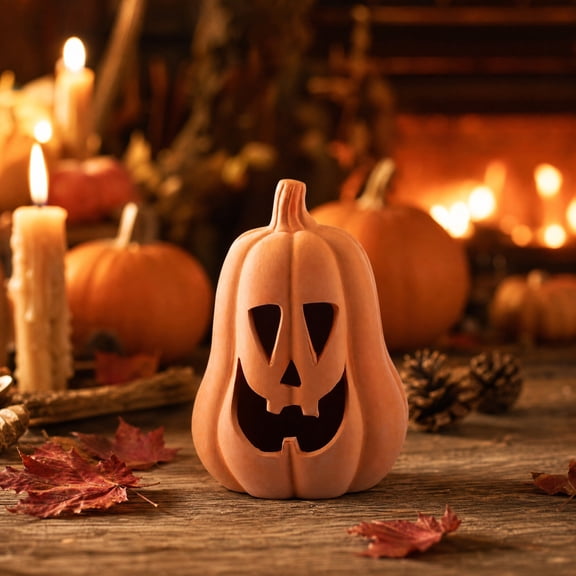 Cute Ghost with Pumpkin Statue Resin Decorative Sculpture for Halloween Tabletop Centerpiece and Indoor Home Party Supplies, Light Orange