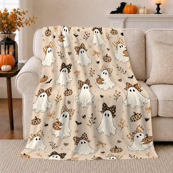 Cute Ghosts with Bows and Pumpkins, Playful Whimsical Style for Halloween Lovers, Bow Pumpkin Motif and Halloween Gift, Cozy Flannel Blanket for Playroom and Bedroom, Spooky Home Decor