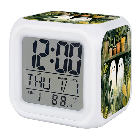 Cute Ghosts Digital Alarm Clock for Bedrooms, Smart LED Alarm Clock with 7 Color Changing Night Light, Halloween Country Green Plant Leaves Silent Wake Up Clocks for Sleep Study Cooking 3.2"x3.2"