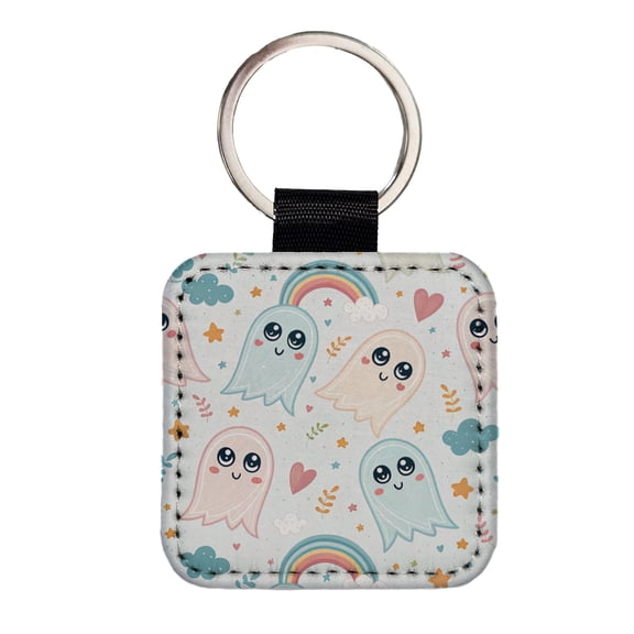 Cute Ghosts Hearts Rainbows Faux Leather Square Keychain