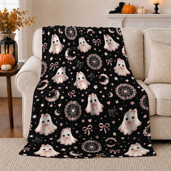 Cute Ghosts with Moons and Bows and Stars, Whimsical Halloween Style for Halloween Lovers, Pastel Spooky Pattern and Halloween Gift, Cozy Flannel Blanket for Playroom and Bedroom, Home Decor