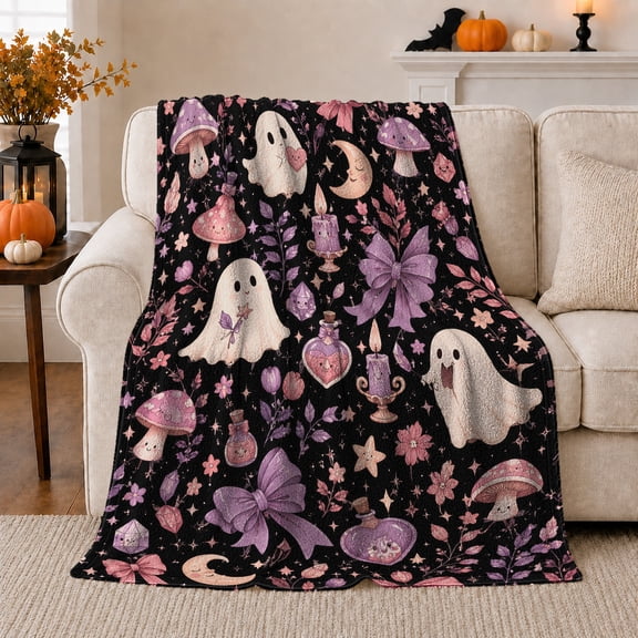Cute Ghosts with Pink Mushrooms and Moon, Playful Gothic Style for Halloween Lovers, Floral Potion Motif and Halloween Gift, Cozy Flannel Blanket for Bedroom and Dorm, Home Decor