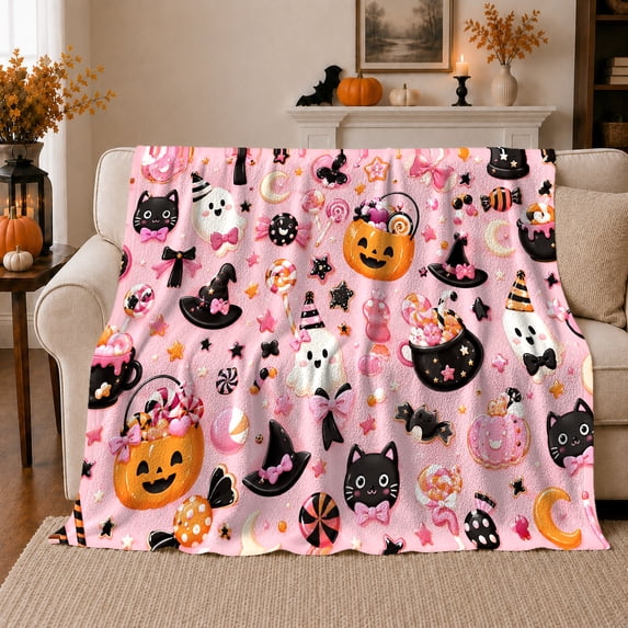 Cute Ghosts Pink Witch Hats Light Pink Scene, Playful Pet Portrait Pattern, Warm Flannel Blanket for Living Room and Reading Nook, Cat Lovers Halloween Gift, Pet Lover Home Decor