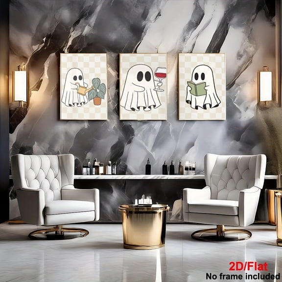 Cute Ghosts with Plants, Books & Wine - Frameless Canvas Wall Art Print | Modern Minimalist Friendly White Sheet Ghosts for, Room, Gothic Decor | Adorable Female & Male-Like Figures | Instant Downlo