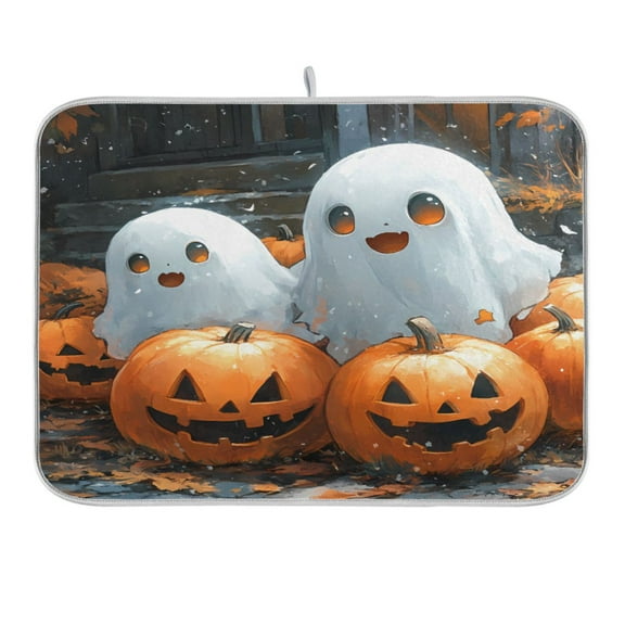 Cute Ghosts Play with Pumpkin Dish Drying Mat 16x18 Absorbent Microfiber Draining Rack Pad for Kitchen Counter Sink