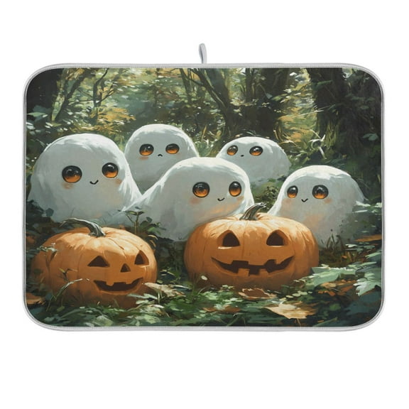 Cute Ghosts Pumpkins in Forest Dish Drying Mat 16x18 Absorbent Microfiber Draining Rack Pad for Kitchen Counter Sink