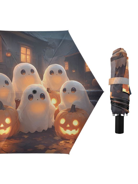 Cute Ghosts Pumpkins on Stress Compact Sun Umbrella Windproof Travel Umbrellas for Rain Strong Portable UV Protection