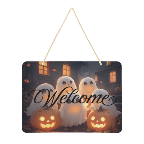 Cute Ghosts Pumpkins on Stress Welcome Sign Front Door PVC 14x10 inch Hanger Hello Sign Farmhouse Wall Porch Home Outside Decor