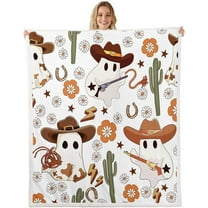 Cute Ghosts Throw Blanket Cartoon Flower Cactus Bed Blanket for Kids Boys Girls, Halloween Western Cowboy Blanket for Couch Sofa, Soft and Breathable Fleece Blanket(50 x 60 Inches)