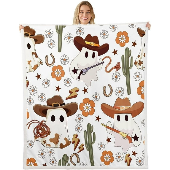 Cute Ghosts Throw Blanket Cartoon Flower Cactus Bed Blanket for Kids Boys Girls, Halloween Western Cowboy Blanket for Couch Sofa, Soft and Breathable Fleece Blanket(50 x 60 Inches)