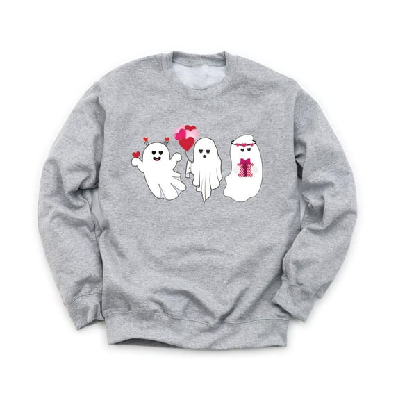 Cute Ghosts Valentine's Day Unisex Gray Sweatshirt Love Ghost and Heart Balloons Design Holiday Sweater