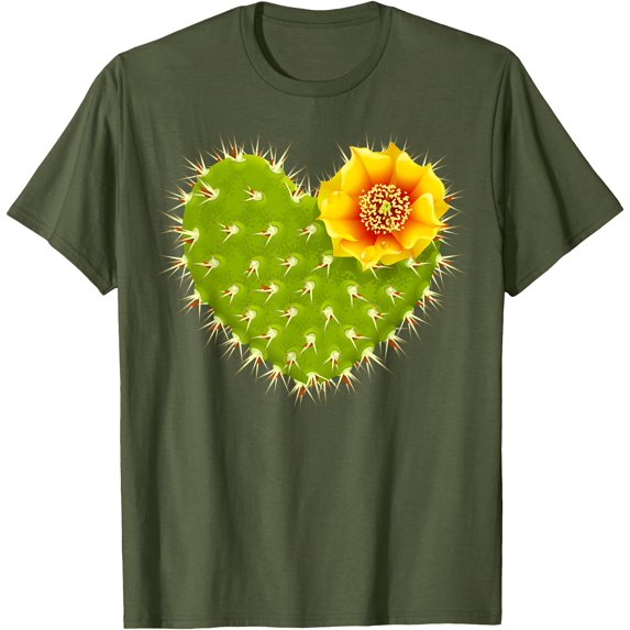 Cute Giant Cactus Heart with Yellow Desert Flower Unisex T-Shirt for Men Women Kids Toddler,Military Green Color,Size 3XL