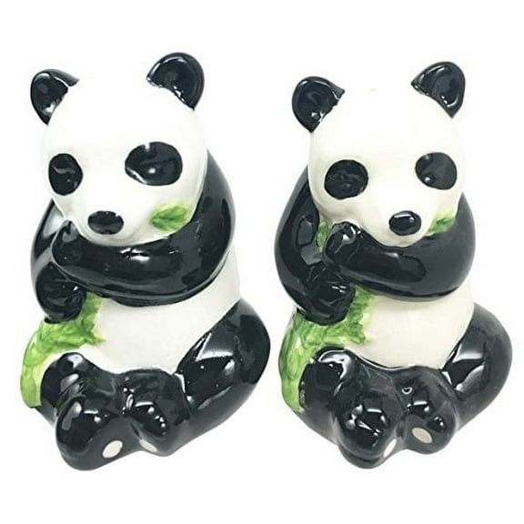 Cute Giant China Panda Bear With Bamboo Ceramic Salt Pepper Shaker Set Figurines