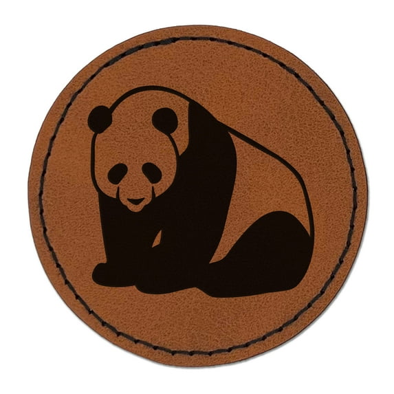 Cute Giant Panda Bear Sitting 2.5" Faux Leather Round Engraved Iron-On Patch - Brown