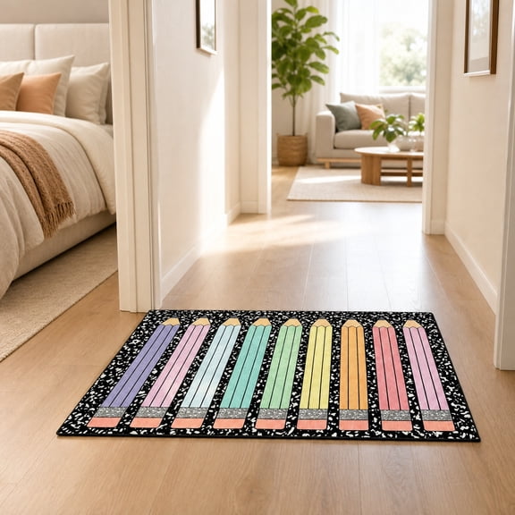 Cute Giant Pencil & Color Crayon Print Floor Mat, Novelty Cartoon Stationery Themed Doormat, Soft Decorative Area Rug, for Classroom, Bedroom, Entryway