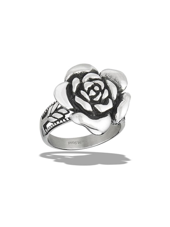 Cute Giant Rose Ring Vintage Stainless Steel Vogue Love Flower Band Gray Jewelry Female Male Size 8