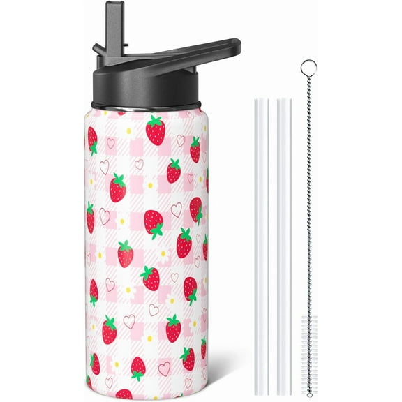 Cute Gift for Women & Girls: Strawberry Themed 18oz Insulated Water Bottle with 2 Lids (Flip Straw & Spout) - Pastel Plaid Stainless Steel Gym Bottle for Fruit Lovers