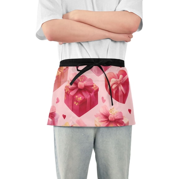 Cute Gift with Bows Hearts Valentine Short Server Apron with 3 Pockets for Unisex Chef Gardening