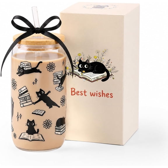 Cute Gifts for Women, Black Book Lover Gifts Glass Cup Tumbler with and Straw, Bookish Present Coffee Cup for Women Girls Bookworm Thanksgiving Christmas Birthday, 16oz