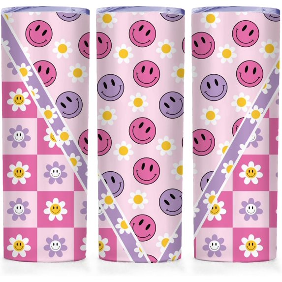 Cute Gifts for Wowmen Checker Retro Insulated Skinny Tumblers Coffee Mug with Lid Pink Smiley Face V Split Cup 20oz - Reusable Bottle for Hot & Cold Drinks Tea Cup Iced Coffee Travel Mug