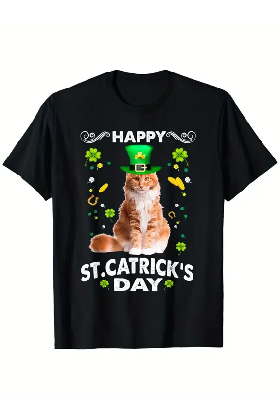 Cute Ginger Cat St Patricks Day Lucky Clover Unisex 100% Cotton Short Sleeve Tee