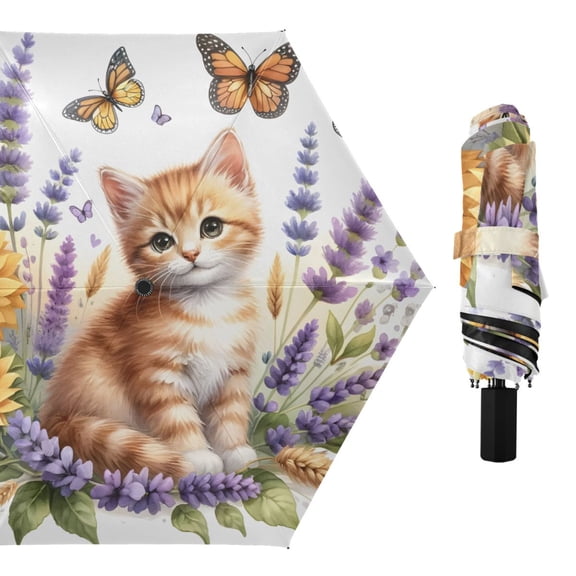 Cute Ginger Cat and Lavender Flowers Compact Sun Umbrella Windproof Travel Umbrellas for Rain Strong Portable UV Protection