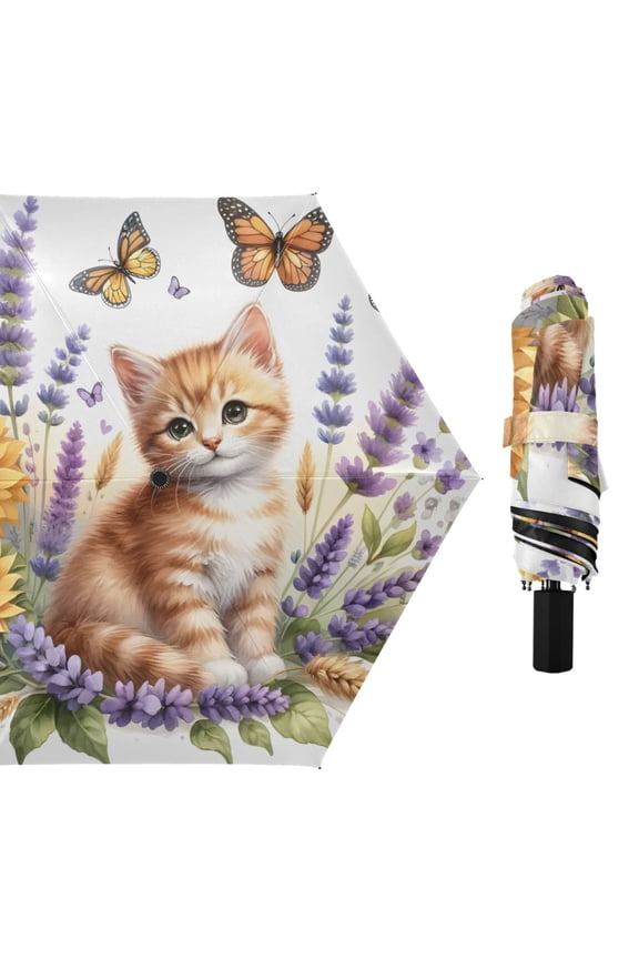 Cute Ginger Cat and Lavender Flowers Compact Sun Umbrella Windproof Travel Umbrellas for Rain Strong Portable UV Protection