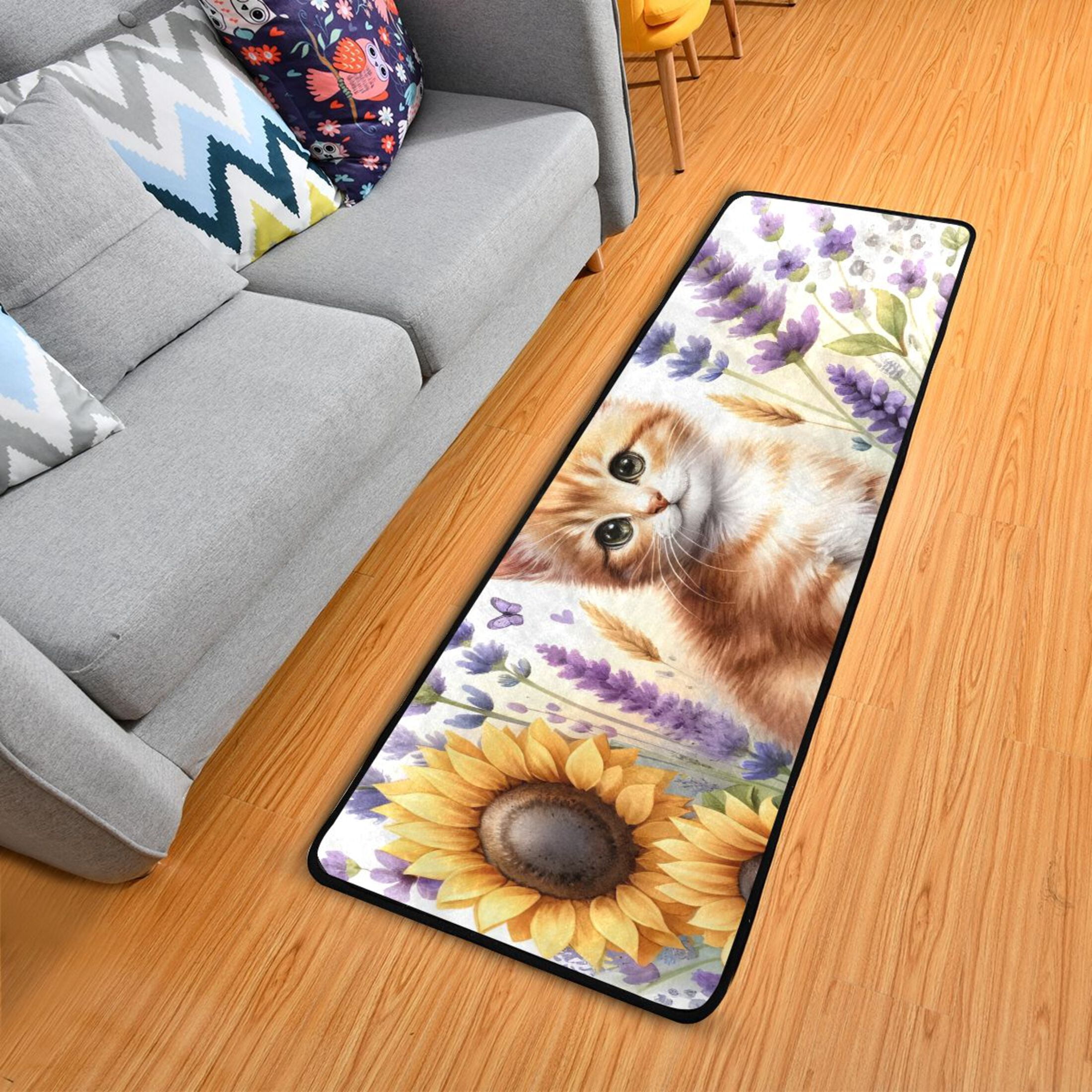 Cute Ginger Cat and Lavender Flowers Hallway Runner Rug 2' X 6' Area ...