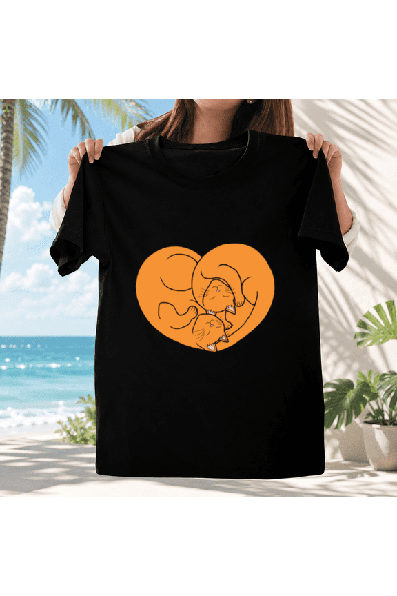 Cute Ginger Orange Cat Heart Valentine Pet Kitten Love Graphic Unisex T-ShirtPlus Size S–5XL Available