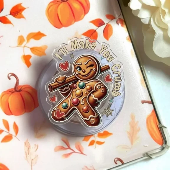 Cute Gingerbread Cookie Holiday Phone Grip with Funny Ill Make You Crumb Pun | Festive Autumn &