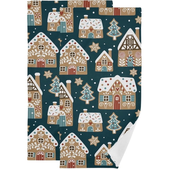 Cute Gingerbread Houses Hand Towels 2 PCS, Blue Christmas Tree Kitchen Towel Ultra Soft and Highly Absorbent,Decorative Fingertip Face Towel for Bathroom Hotel, 28.3"x 14.4"