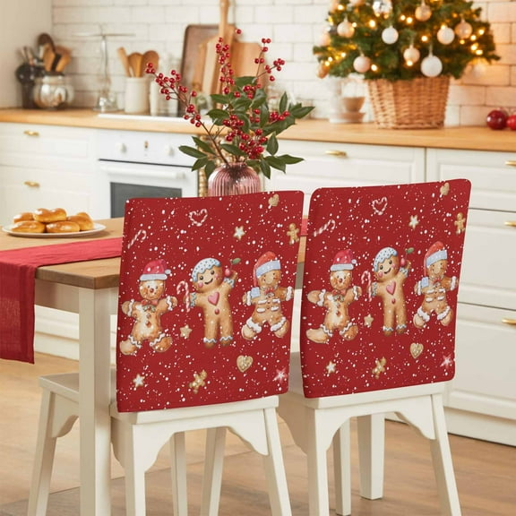 Cute Gingerbread Man Chair Covers Set of 6 Christmas Snowflakes Candy Cane Red Chair Back Covers Stretch Removable Washable Slipcovers Protector for Dining Room Kitchen Party Decor