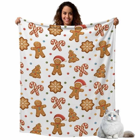 Cute Gingerbread Man Fleece Throw Blanket Lightweight Christmas Tree Cane Candy Food Winter Fuzzy Flannel Throws Super Soft Cozy Flannel Blanket for Couch, Sofa, Bed, Travel 50"x60"