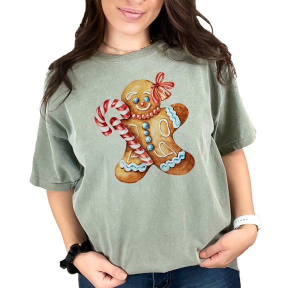 Cute Gingerbread Man Shirt, Christmas Holiday T-Shirt, Festive Candy Cane Top, Fun Holiday Apparel, Unique Xmas Wear, Moss Comfort Colors T-Shirt, Medium