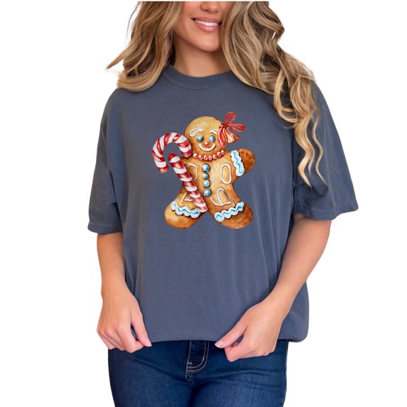 Cute Gingerbread Man Shirt, Christmas Holiday T-Shirt, Festive Candy Cane Top, Fun Holiday Apparel, Unique Xmas Wear, Denim Comfort Colors T-Shirt, Small