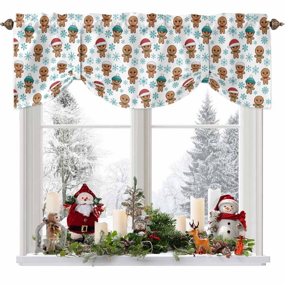 Cute Gingerbread Man Tie Up Valances Curtain, Christmas Winter Snowflake Adjustable Rod Pocket Short Window Treatment Tie Up Curtains Valances for Kitchen Living Room Bathroom 42x18 Inches