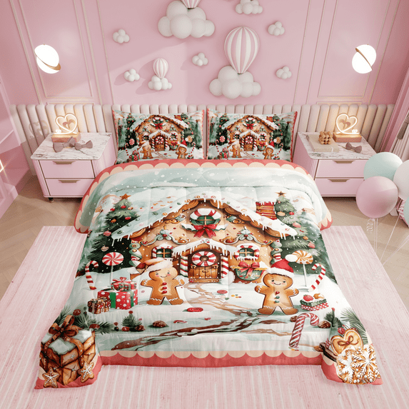 Cute Gingerbread Man Twin Comforter Set,Xmas Decorations Christmas Tree Bedding Set Gifts,Winter Snow Quilt Bed Set Christmas Candy Bed Comforter Set 2Pcs