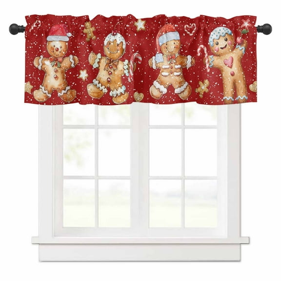 Cute Gingerbread Man Valances for Windows Christmas Snowflakes Candy Cane Red Rod Pocket Curtain Valance Window Treatment Short Curtains for Kitchen Living Room, 58"x16"