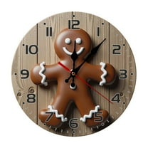 Cute Gingerbread Man Wall Clock 10 Inch Silent Non Ticking Round Wooden Clock Decoration for Living Room Kitchen Bedroom Bathroom Office Classroom