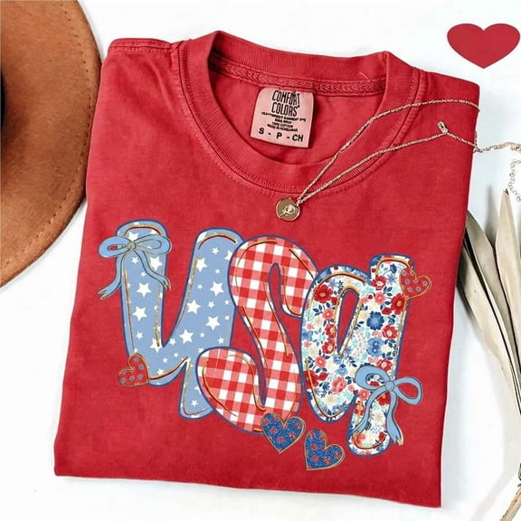 Cute Gingham Floral USA Bow T-Shirt, 4th Of July Casual Tee,Event Support T-Shirts,Suitable For Both Celebrations And Everyday Wear