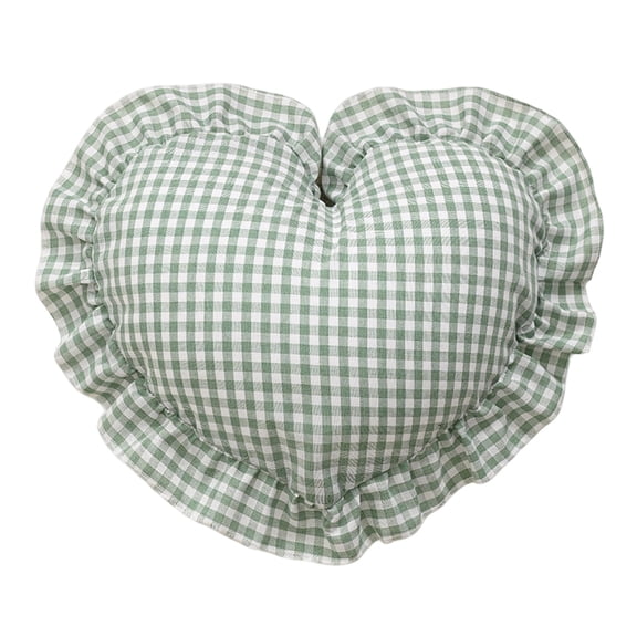Cute Gingham Heart Shaped Cushion with Ruffled Edge, Green White Check Throw Pillow for Living Room Sofa Bed Decor