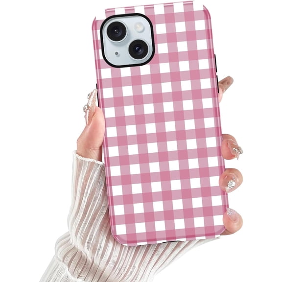 Cute Gingham Phone Case for iPhone 15 Case 6.1", Aesthetic Trendy Plaid Checkered Pattern Print Design Cover Hard PC Shockproof Soft TPU 2-in-1 Glossy Protection Funda for Girls Women, Pink