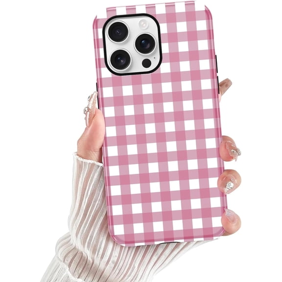 Cute Gingham Phone Case for iPhone 16 Pro Case 6.3", Aesthetic Trendy Plaid Checkered Pattern Print Design Cover Hard PC Shockproof Soft TPU 2-in-1 Glossy Protection Funda for Girls Women, Pink