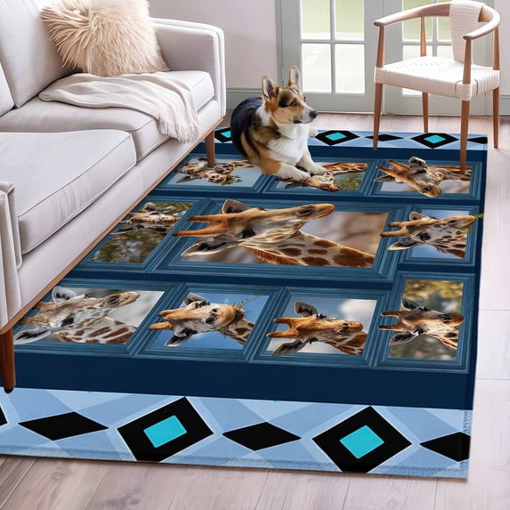 Cute Giraffe 3'x5' Washable Rug, Wildlife Animals Blue Ethnic Geometric Non-Slip Area Rugs for Entryway Kitchen Classroom, StainResistant Dorm Throw Carpet, Low Pile Soft Indoor Floor Mat