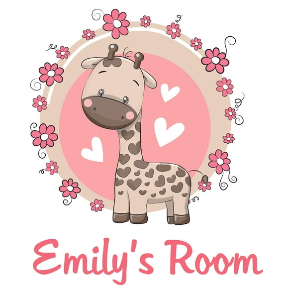 Cute Giraffe Animal Flowers Hearts Customized Wall Decal - Custom Vinyl Wall Art - Personalized Name - Baby Girls Boys Kids Bedroom Wall Decal Room Decor Wall Stickers Decoration Size (20x20 inch)