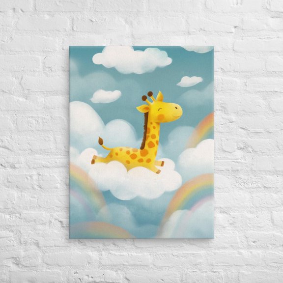 Cute Giraffe Art, Rainbow And Clouds Wall Decor, Unframed Paper Poster 8x10in