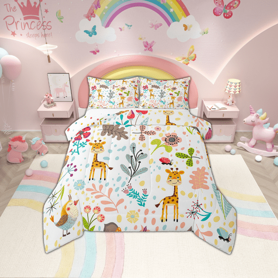 Cute Giraffe Bedding Set Cartoon Giraffe Comforter Set King Kawaii Floral Zoo Animal Bed Comforter Sets Woodland Leaves Flowers Quilt Duvet Wildlife Room Decor