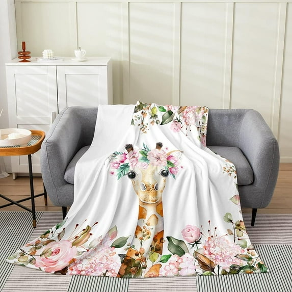 Cute Giraffe Blanket Pink Rose Bed Blanket Baby 30x40 Girls Kids,Cartoon Animal Throw Blanket Floral Flower Fleece Blanket,Wildlife Giraffe Skin Flannel Blanket Botanical Room Decor