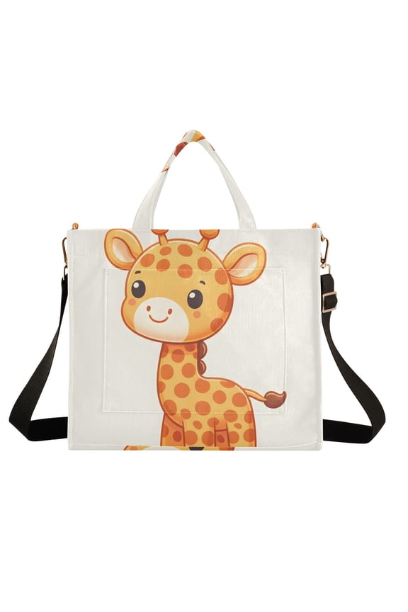 Cute Giraffe Corduroy Tote Bag Handbag Large Messenger Bag Shoulder Crossbody Zipper Bag Purse
