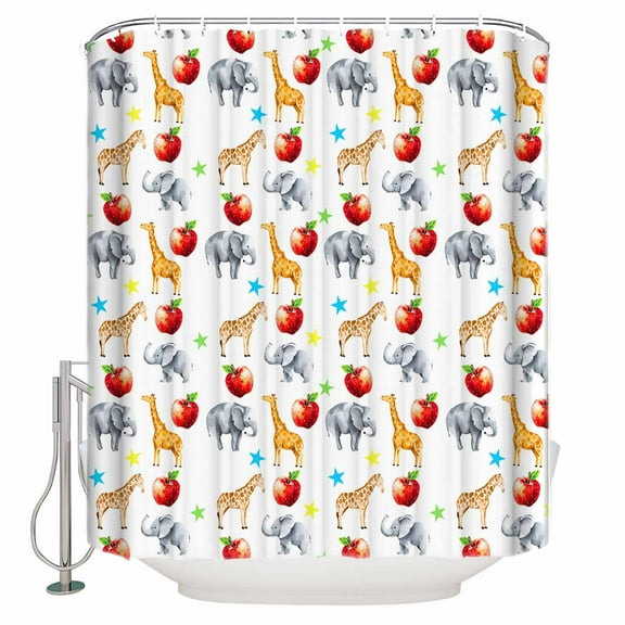 Cute Giraffe Elephant Bathroom Shower Curtains with 12 Hooks Polyester Waterproof Shower Curtain for Stalls and Bathtubs Blue Green Star Fruits Decorative Bathroom Privacy Curtain 72x72 Inches